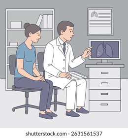Doctor consulting a patient in the office. The doctor shows the woman on the monitor with the image of the lungs. Vector illustration