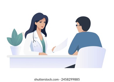 Ärztliche Beratung mit einem Patienten, Vektorillustration, auf einem leichten Hintergrund, Gesundheitskonzept und ärztliche Beratung. Vektorillustration