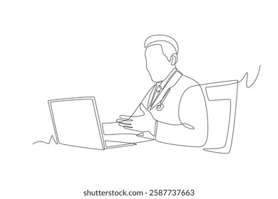 Doctor is consulting with patient via video call. Virtual consultation with doctors over video call concept one-line drawing