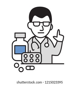 Doctor consulting with pills in front of him. Cartoon design icon. Colorful flat vector illustration. Isolated on white background.