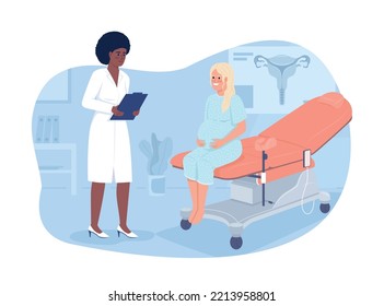 Doctor consultando a la mujer embarazada 2D vector ilustración aislada. Personajes llenos de atención prenatal sobre el fondo de las caricaturas. Colorida escena editable del hospital para móvil, sitio web, presentación