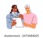 Doctor consulting senior patient. Physician discussing health treatment with elderly woman. Old female at medical consultation, hospital checkup. Flat vector illustration isolated on white background