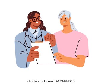 Doctor consulting senior patient. Physician discussing health treatment with elderly woman. Old female at medical consultation, hospital checkup. Flat vector illustration isolated on white background