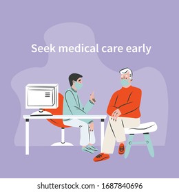 The doctor is consulting and treating illness for patients, medical concept.  Flat illustration healthcare services. Seek medical care early 