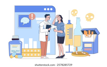 Doctor consulting a worried patient about substance addiction, surrounded by harmful items like cigarettes, alcohol, and pills. Flat style, white background. Health concept. Flat vector illustration