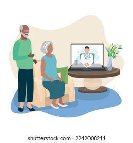 The doctor consults an elderly patient via online video communication. The doctor writes a prescription and prescribes treatment online. Healthcare online. Vector illustration.