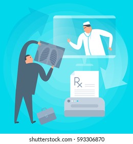 Doctor consults online by computer, prints rx prescription. Remote, tele medicine flat concept illustration. Patient holding x-ray image of lung radiography. Telemedicine, telehealth vector design.