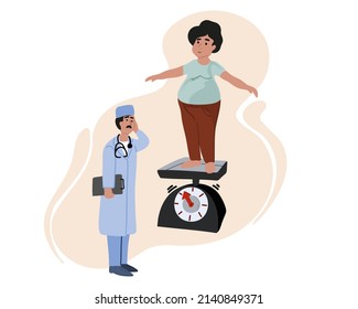 The doctor consults an overweight woman. Woman on the scales. Excess weight problems. The concept of overweight and obese people. Vector illustration 