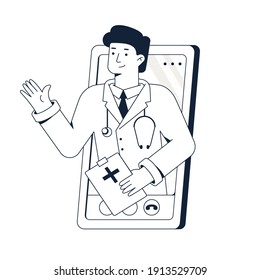 Doctor consults patient by via video link. Telephone consultation. Online clinic concept web banner. Line black and white vector illustration isolated on white background