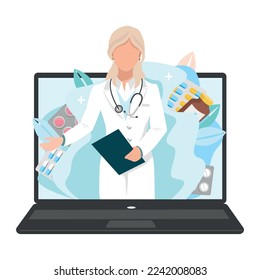 The doctor consults the patient via online video link. The doctor writes a prescription and prescribes treatment online. Healthcare online. Vector illustration isolated on white background.