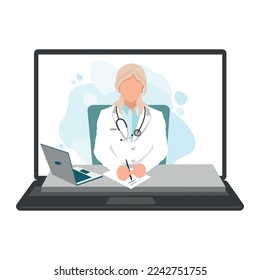 The doctor consults the patient via online video link. The doctor writes a prescription and prescribes treatment online. Healthcare online. Vector illustration isolated on white background.