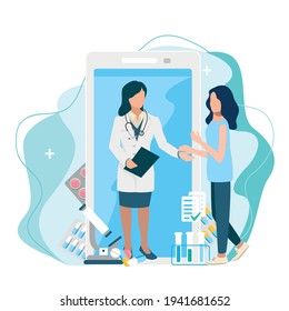 Doctor consults the patient via video communication online by phone vector illustration on modern minimalistic background