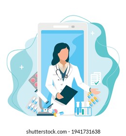 Doctor consults the patient via video communication online by phone vector illustration on modern minimalistic background