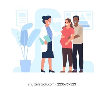 Doctor consults pregnant woman. Family at appointment in perinatal clinic. Consultation with gynecologist. Health examination. Visit in hospital. Couple talk with