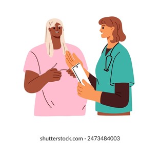 Doctor consults pregnant woman. Medical appointment, pregnancy, prenatal checkup. Physician counseling patient, mother with belly, expecting baby. Flat vector illustration isolated on white background