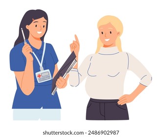 Doctor consults pregnant woman. Medical appointment, pregnancy, prenatal checkup. Physician counseling patient, mother with belly, expecting baby. Flat vector illustration isolated on white background