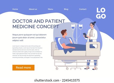 Doctor consults young sad man with drip in hospital ward. Website, template, landing page. Vector characters flat cartoon illustration.