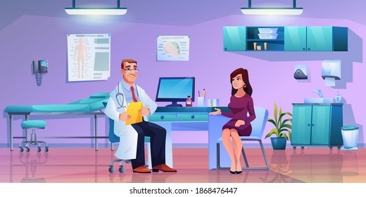 Doctor Consults Young Woman, Therapist And Patient In Doctors Office. Vector Female And Physician, Modern Furniture In Cabinet, Wash Basin, Shelves, Medical Bed. Patient And Therapist In White Coat