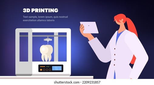 doctor controlling tooth model printed on 3d bio printer medical printing of human transplantation organ biological engineering