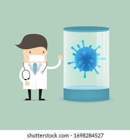Doctor with corona virus bacteria in quarantine & test tube.