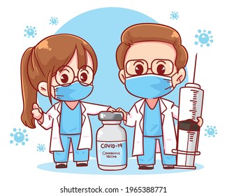 Doctor And Coronavirus Vaccine Coronavirus Injection Syringe Cartoon Art Illustration