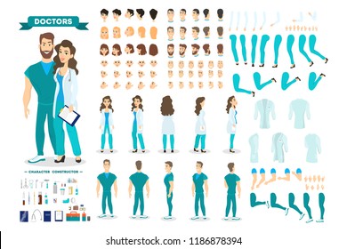 Doctor couple character set for the animation with various views, hairstyle, emotion, pose and gesture. Medical equipment. Male surgeon and female worker. Isolated vector illustration in cartoon style