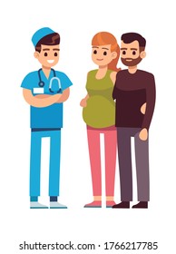 Doctor and couple. Young pregnant woman and husband talking with physician in hospital, medical examination in clinic. Pregnancy medicine healthcare concept, vector cartoon isolated illustration