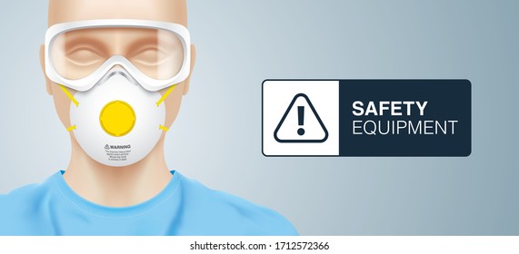 Doctor Covered With Googles And Respirator Mask. White Medical Worker With Infection Protection Professional Equipment On His Face. Corona Virus, Safety Equipment Vector Illustration.