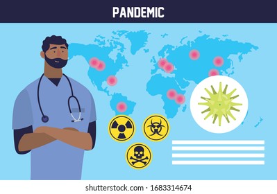 doctor with covid 19 particle and caution signals vector illustration design