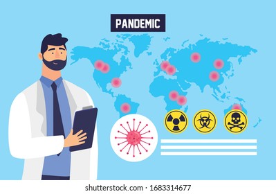 doctor with covid 19 particle and caution signals vector illustration design