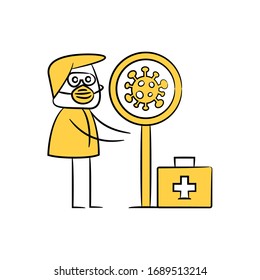 doctor and covid 19 protection signage yellow stick figure design
