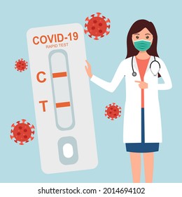 Arzt mit COVID-19 Schnelltest in flachem Design. Epidemiedemiedemie mit Coronavirus, Vektorgrafik.