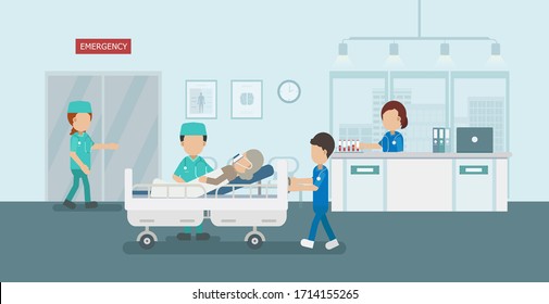 Doctor with critical patient in bed flat design vector illustration