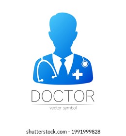 Doctor with cross vector logotype in blue color. Silhouette medical man with cross. Logo for clinic, hospital, health, medicine and business. Concept on white. Template for web, identity modern style.
