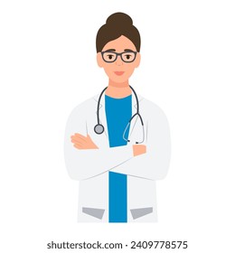 Doctor with crossed arms. Female doctor with stethoscope. General practitioner in medical uniform.Vector illustration