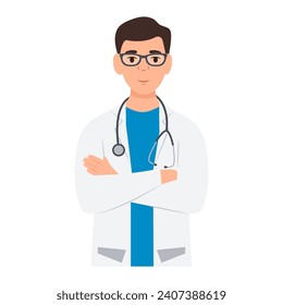 Doctor with crossed arms. Male doctor with stethoscope. General practitioner in medical uniform.Vector illustration