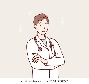 Doctor with crossed arms. Vector hand drawing.