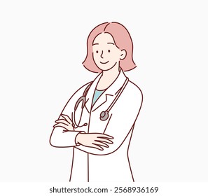 Doctor with crossed arms. Vector hand drawing.+