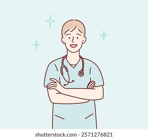 Doctor with crossed arms. Vector hand drawing.