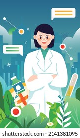 Doctor with crossed hands standing among plants and buildings, vector illustration