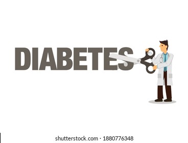 Doctor cutting diabetes with scissor. Cut sugar for healthy diet. Concept of healthy lifestyle and lifestyle changes. Vector illustration