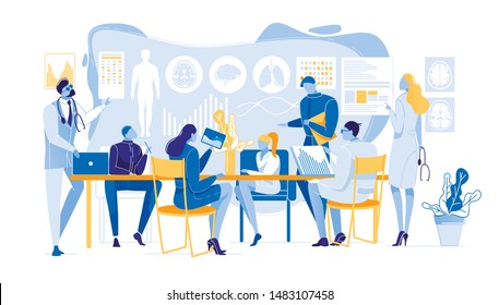 Doctor Delivering Presentation to Team Colleagues Flat Cartoon Vector illustration. Medical Workers in Conference Room. Medical Staff Metting at Table to Discuss Patients Diseases and Illnesses.