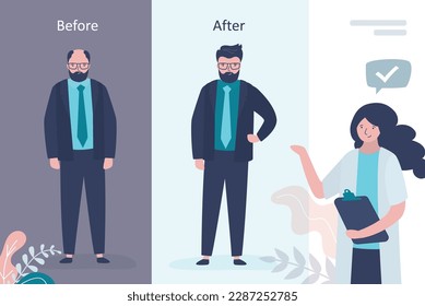 Doctor demonstrate bald man before and after hair transplantation. Handsome guy with hair loss problem, alopecia. Hair transplant surgery. Healthy hair. Head baldness problem solving surgery. vector