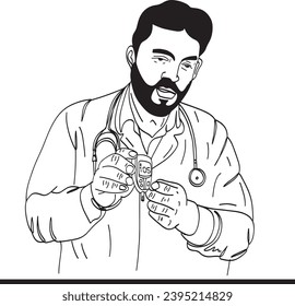 Doctor Demonstrating Glucometer: Cartoon Clip Art Illustration, Sketch Drawing of Doctor Showing Patient Home Glucometer Use, Medical Cartoon: Doctor with Sugar Testing Machine Illustration