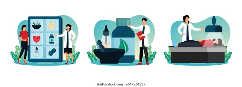 Um médico demonstrando saúde a um paciente. Um farmacêutico que apresente itens de medicamentos à base de plantas, incluindo argamassa e pilão, frasco e conta-gotas.  Um médico examinando um paciente.