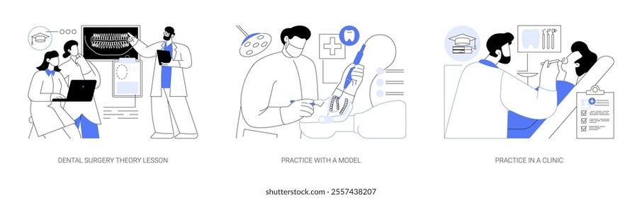 Doctor of Dental Surgery isolated cartoon vector illustrations set. Doctor shows x-ray teeth picture to group of students, practice with a model, dentist train student in a clinic vector cartoon.