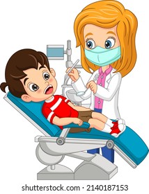 Doctor dentist cartoon checking boy teeth