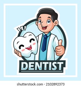 Doctor  Dentist character dental checkup vector illustration on blue background. Dental concept.