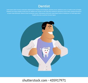 Doctor dentist character with painted teeth on a T-shirt under his robe. Care medical and uniform medicine and person professional physician medic. Happy doctor isolated. Vector illustration