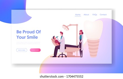 Doctor Dentist Install Dental Implant or Conducting Oral Check Up Landing Page Template. Man Patient Character Lying in Medical Chair in Stomatologist Cabinet. Cartoon People Vector Illustration